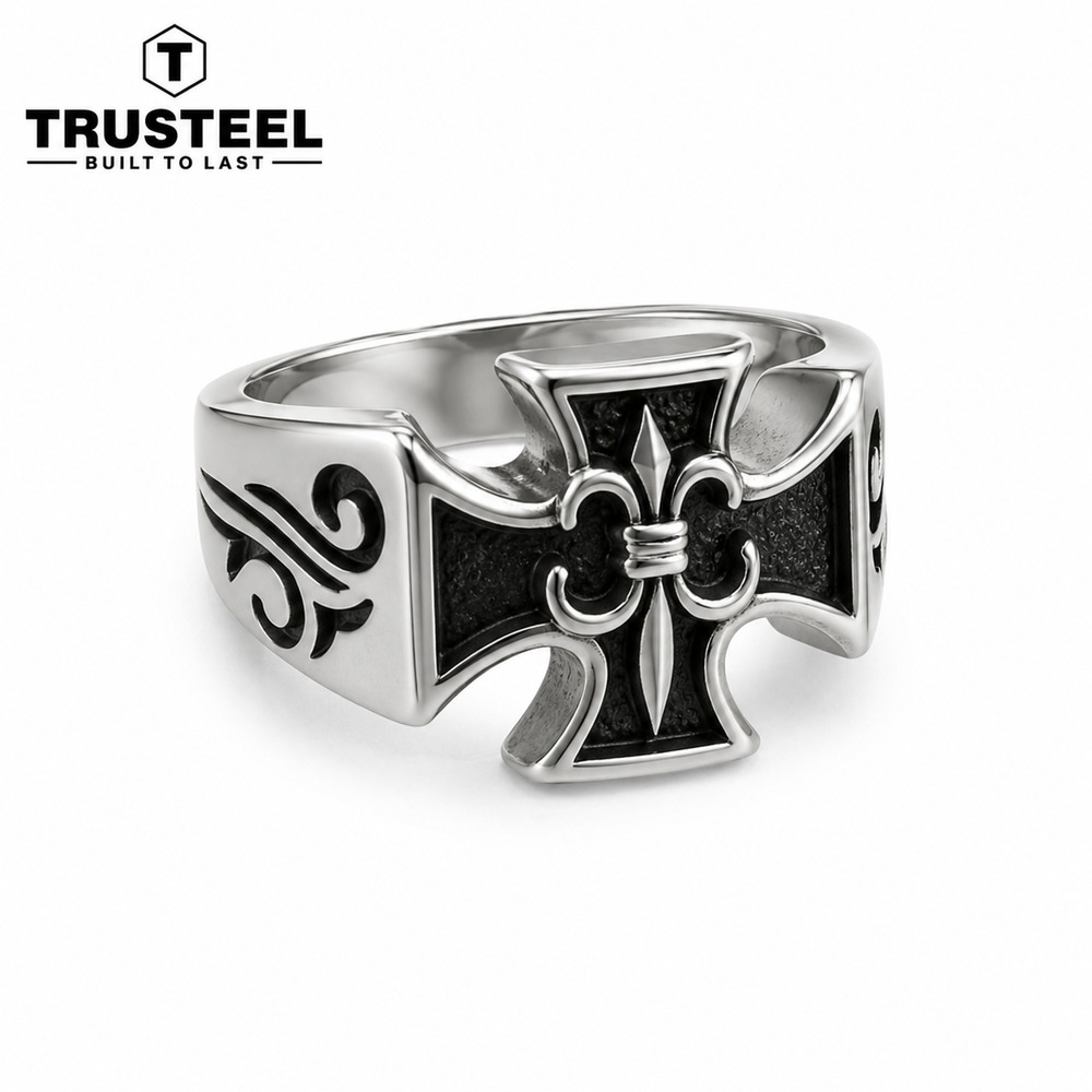 Men’s Stainless Steel Gothic Cross Ring Biker Punk Signet Black Enamel Size 9